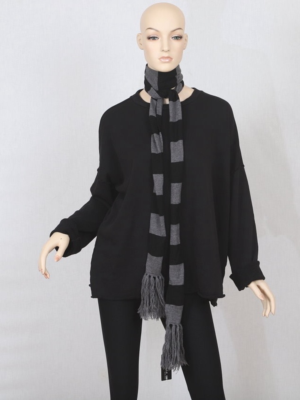 Frankie Morello Black and Gray Striped Fringe Scarf Lana wool New